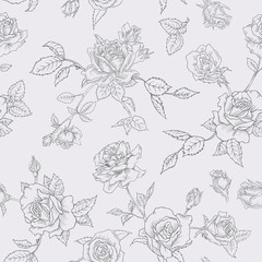 Floral Seamless Pattern with Roses in Sketched Outline Style. Flowers Monochrome Hand Drawn Background for Fabric, Print, Wrapping Paper, Decor. Vector illustration
