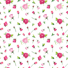 Summer Floral Seamless Pattern with Pink Roses. Botanical Background with Flowers for Fabric Textile, Wallpaper, Wrapping Paper and Decor. Vector illustration