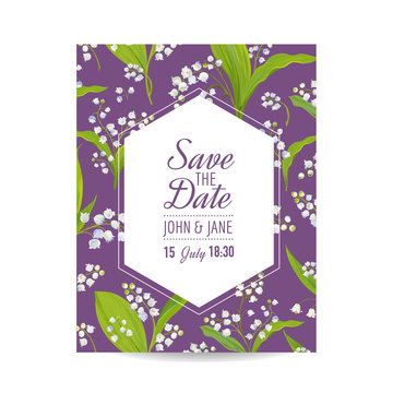 Save the Date Card with Blossom Lily Valley Flowers. Wedding Invitation, Anniversary Party, RSVP Floral Template. Vector illustration