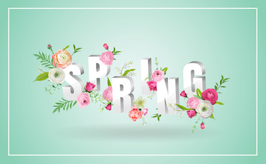 Hello Spring Floral Design with Blooming Flowers. Botanical Springtime Background with Roses for Decoration, Poster, Banner, Voucher, Sale, T-shirt. Vector illustration