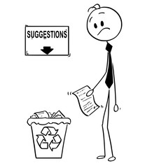 Cartoon stick man drawing conceptual illustration of businessman with paper document with great idea or invention looking confused on recycle trash bin with arrow and sign with suggestions text