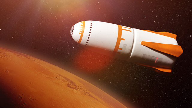 futuristic rocket in orbit of planet Mars, space ship mission to the red planet (3d science fiction illustration)