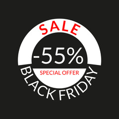 55% sale tag or discount icon. Save 55 percent of price. Black Friday design template.  Vector illustration.