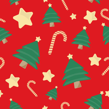 Seamless cute pattern with christmas tree, star and candy on red background.