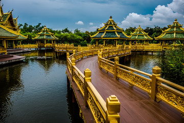 Buddhist temple replica on a lake, Ancient Siam, Thailand