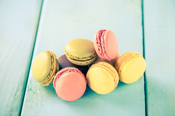 Macarons on the table, selective focus, copy space