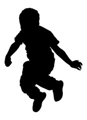 Happy joyful kid, little boy jumping high, vector silhouette illustration isolated on white background.