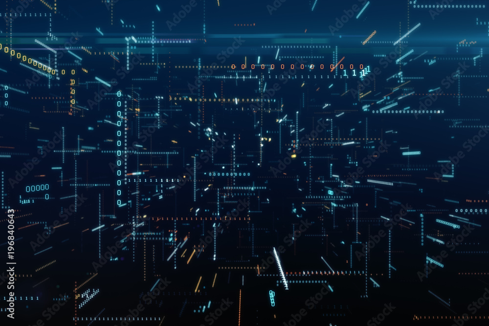 Poster infinite flight among binary code in a chaotic technological space 3d illustration