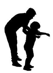 Fototapeta na wymiar Physiotherapist and kid, boy exercising in rehabilitation center, vector silhouette illustration isolated. Doctor supports the child during physiotherapy treatment. holding hands making first steps.