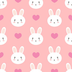 Seamless pattern cute white rabbit and heart on pink background