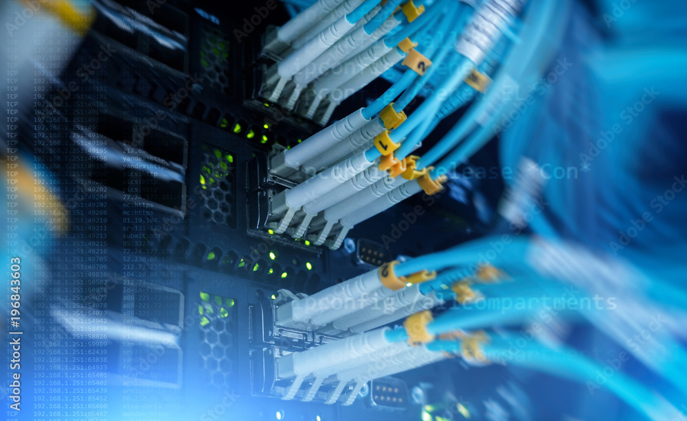 Poster supercomputer data center. fiber optical connector interface. multiple exposure. information technol