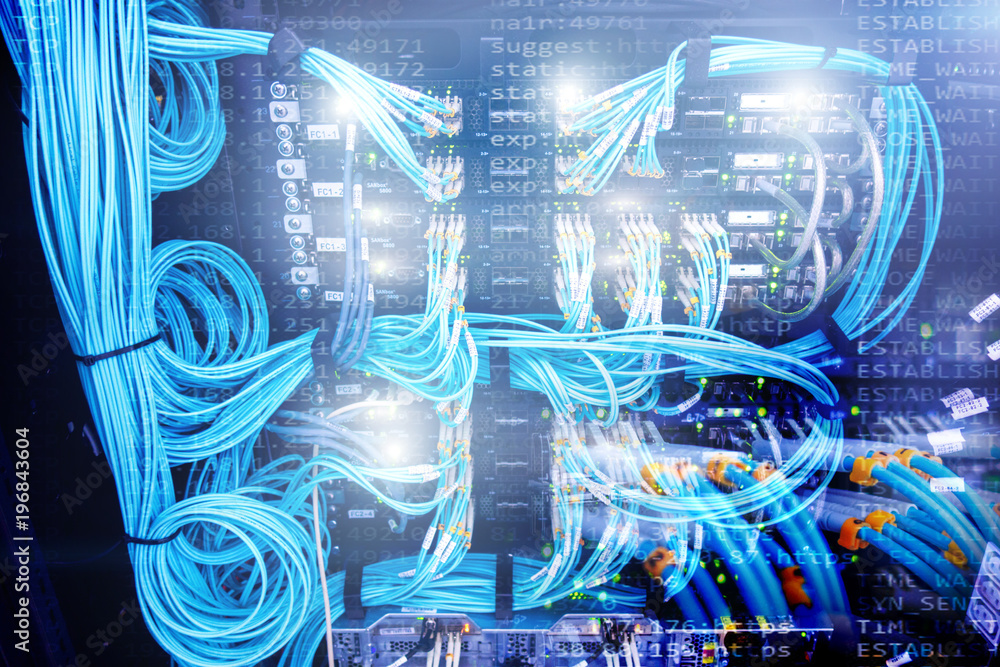 Poster supercomputer data center. fiber optical connector interface. multiple exposure. information technol