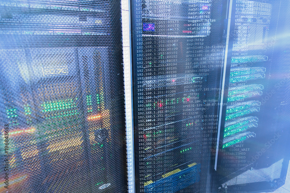 Poster Modern supercomputers in computational data center. multiple exposure. Server room in data center full of telecommunication equipment. internet. big data storage. 