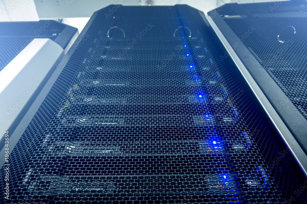 Poster server room in data center full of telecommunication equipment. internet. big data storage. futurist