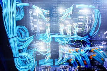 Supercomputer data center. Fiber Optical connector interface. multiple exposure. Information Technology Computer Network, Telecommunication Fiber Optical Cables Connected. blue light