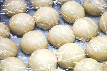 raw dough under the film, the preparation of buns for baking