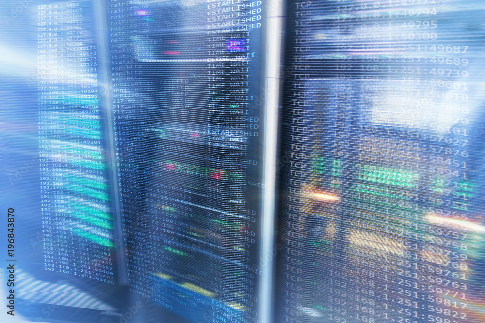 Poster modern supercomputers in computational data center. multiple exposure. server room in data center fu