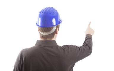 engineer or worker man showing with finger on board. isolated on white background