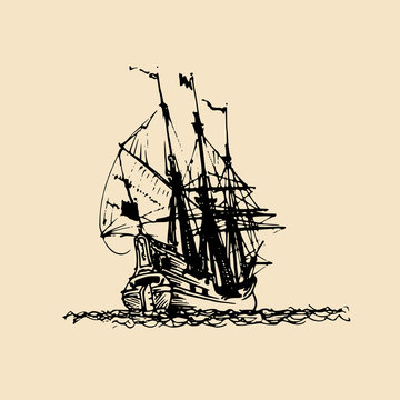 Sailing ship illustration in engraved style. Hand sketch of old fluyt. Marine theme design
