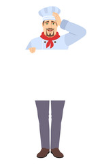 Chef holding white blank poster and grabbed his head