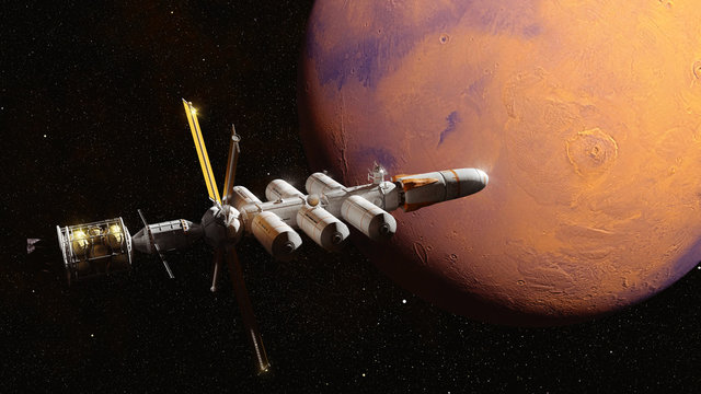 futuristic space ship in orbit of the planet Mars, mission to the red planet