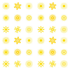 Seamless pattern with sun. Yellow sun of various shapes on white background. Vector illustration. For design.