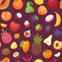 Fruits vector fruity apple banana and exotic papaya with fresh slices of tropical dragonfruit or juicy orange illustration fruitful set seamless pattern background