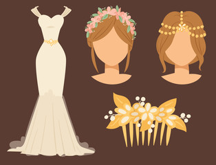 Wedding bride dress accessory vector celebration illustration fashion bridal design modern marriage accessories silhouette.