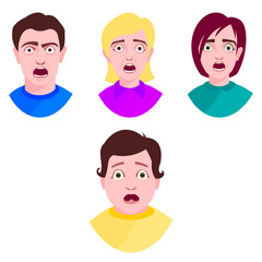 People horror faces vector extremely surprised young shock portrait frightened character emotions afraid expression person with open mouth illustration.