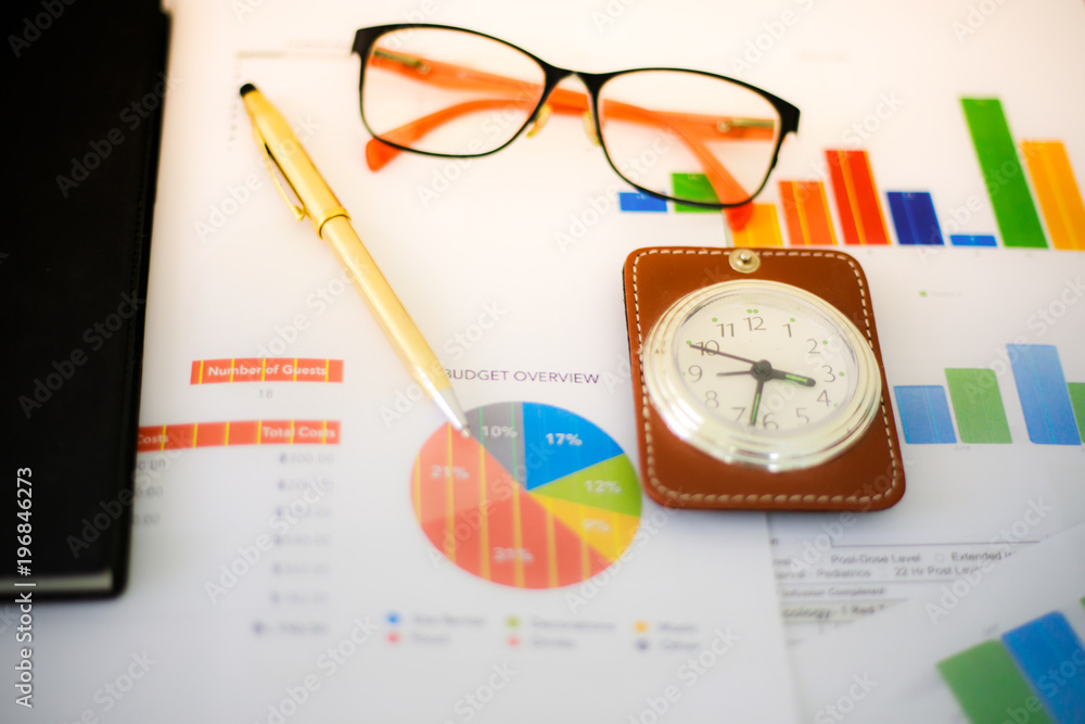 Poster business concept of office working and analysis graphics and clock on table