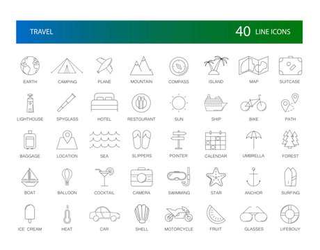 Line icons set. Travel pack. Vector Illustration