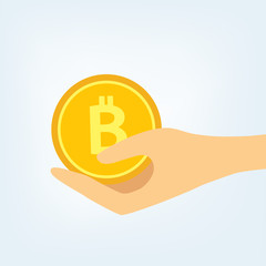 Flat illustration with a hand holding golden bitcoin. BTC coin with letter B symbol. Cryptocurrency coin simple design.