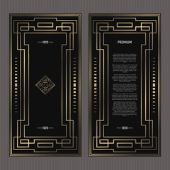 Vector card. Art Deco style. Dark golden geometric frame on black background. Luxury menu concept with logo.