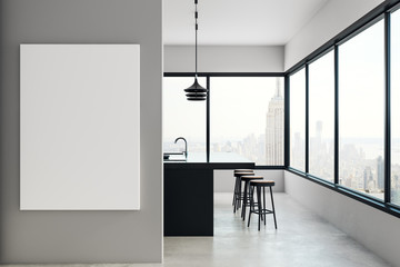 Modern kitchen with billboard and NY view