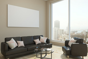 Bright living room with empty banner