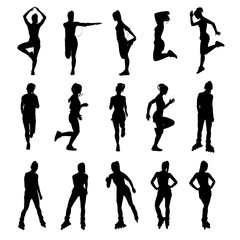 Collection of various woman silhouettes running, rollerskating, stretching and exercising. Easy editable layered vector illustration. 