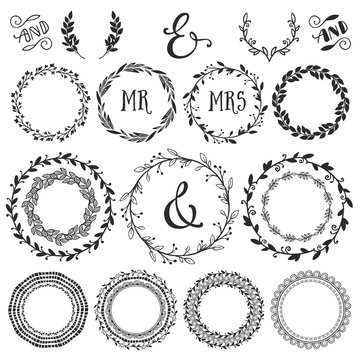 Vintage decorative wreaths and laurels with lettering. Hand drawn vector design wedding set.