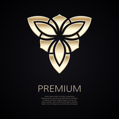 Golden flower shape. Gradient premium logotype. Isolated floral trefoil logo. Business identity concept for bio, eco company, yoga or spa salon.
