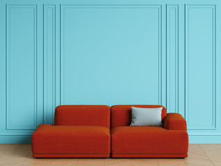 Modern Scandinavian Design red sofa in interior. Blu walls with moldings,floor parquet herringbone.Copy space,mockup interior.Digital illustration.3d rendering