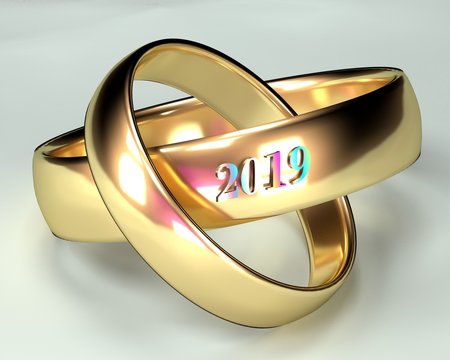 Wedding golden rings. Ceremony in 2019. White Background