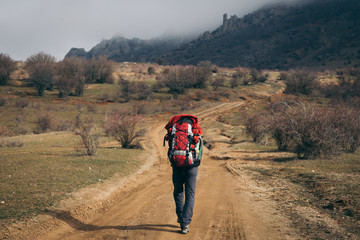 Fototapeta na wymiar Man backpacks along valley to mist mountain