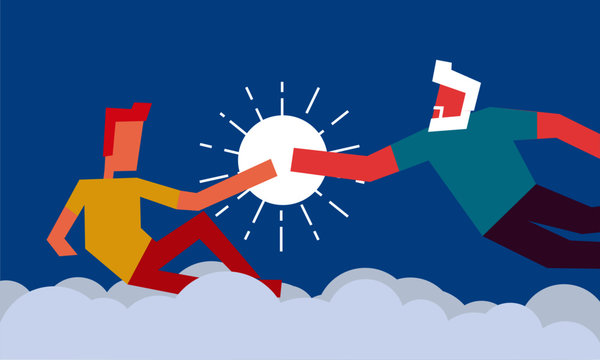 God Creating a Man Concept. Vector flat illustration of Michael Angelo's painting about God reaching out to Adam in the Sistine Chapel.