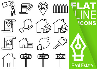 Editable stroke 70x70 pixel. Simple Set of real estate vector sixteen flat line Icons - key, contract, fence, map, discount, find, drawing, garage, sale, house, sale, rent, sold - obrazy, fototapety, plakaty