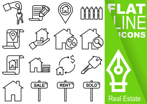 Editable stroke 70x70 pixel. Simple Set of real estate vector sixteen flat line Icons - key, contract, fence, map, discount, find, drawing, garage, sale, house, sale, rent, sold