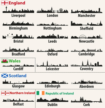 vector city skylines of British Isles countries (England, Scotland, Wales, Northern Ireland and Republic of Ireland)