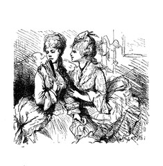 Vintage caricatures and fun, two young ladies and the malicious gossip