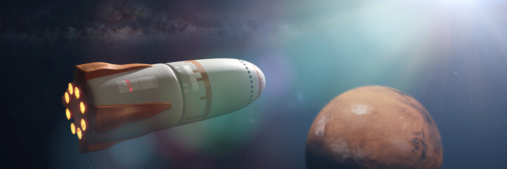 futuristic rocket approaching planet Mars, space ship mission to the red planet