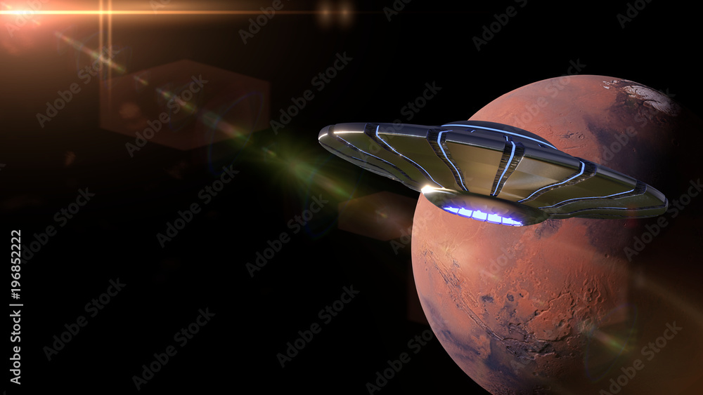 Wall mural ufo in orbit of the red planet mars (3d space rendering with black background, elements of this imag