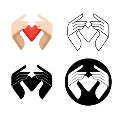 Four type concept charity logo.Donator holding heart in their hands.Vector illustration flat design.Isolated on white background. Volunteer black icon.Human helping. Healthcare.Team work