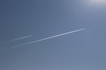 Sky, airplane, transport, trail from the plane, wings, silhouette, strip, clear, blue, speed, supersonic, blue, white, foggy, cloudless, day, summer, spring, fly, release smoke, fast, high, serenity, 